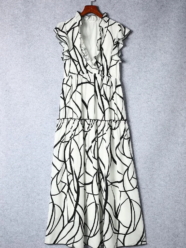 Summery Maxi Dress with Abstract Art Stylish A-Line Maxi Dress