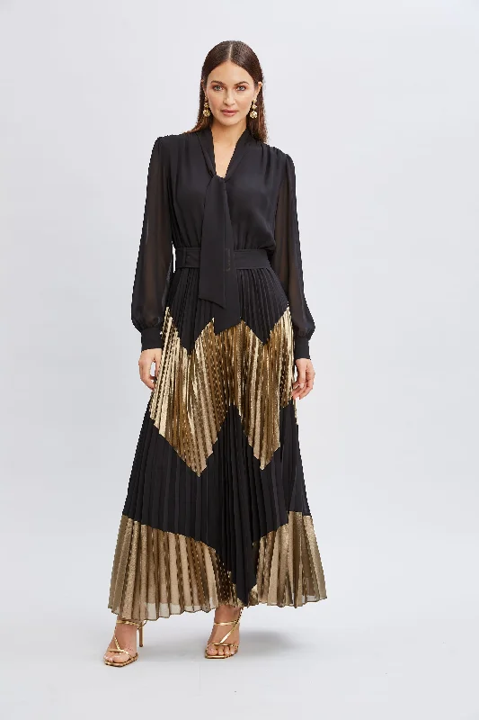 Chiffon Gilded Pleated Maxi Dress Comfortable Maxi Dress with Slits