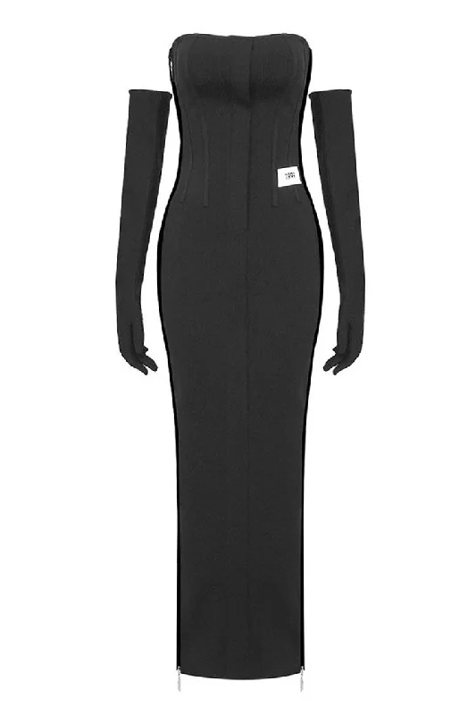 Vintage Strapless Opera Glove Zip Side Split Bandage Bodycon Evening Maxi Dress Stylish Boho Maxi Dress