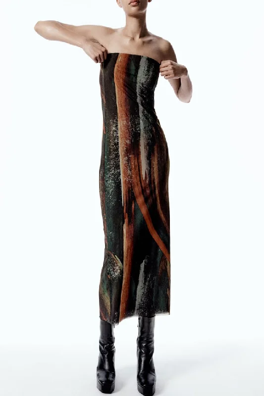 Vintage Style Abstract Printed Summer Strapless Mesh Maxi Dress - Brown Stylish Boho Chic Maxi Dress