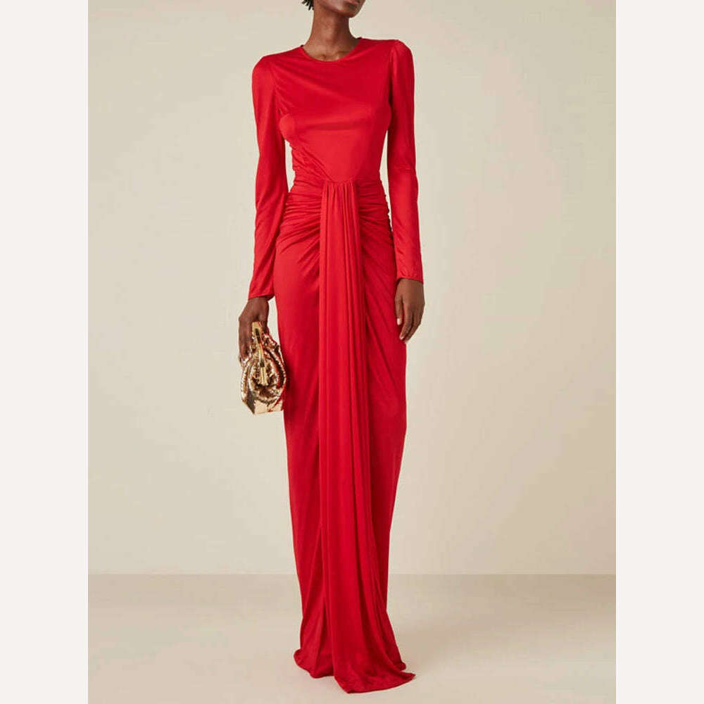 VKBN News Party Evening Dresses Female Casual Belt Red Banquet Formal Occasion Maxi Dress for Wedding Guest Women Cozy Ribbed Maxi Dress