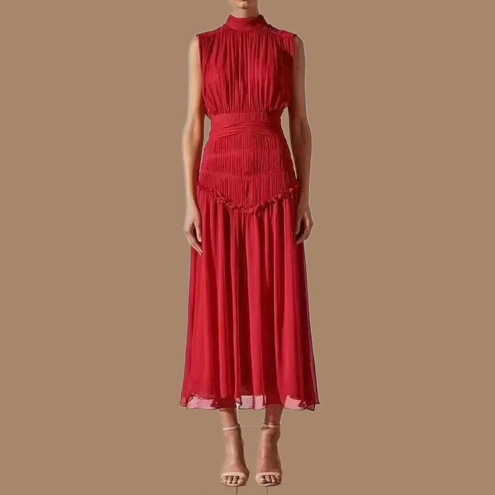 VKBN Summer Dress Women Casual Half High Collar Sleeveless Ruched Stylish and Elegant Party Maxi Dress Cozy Wrap Maxi Dress