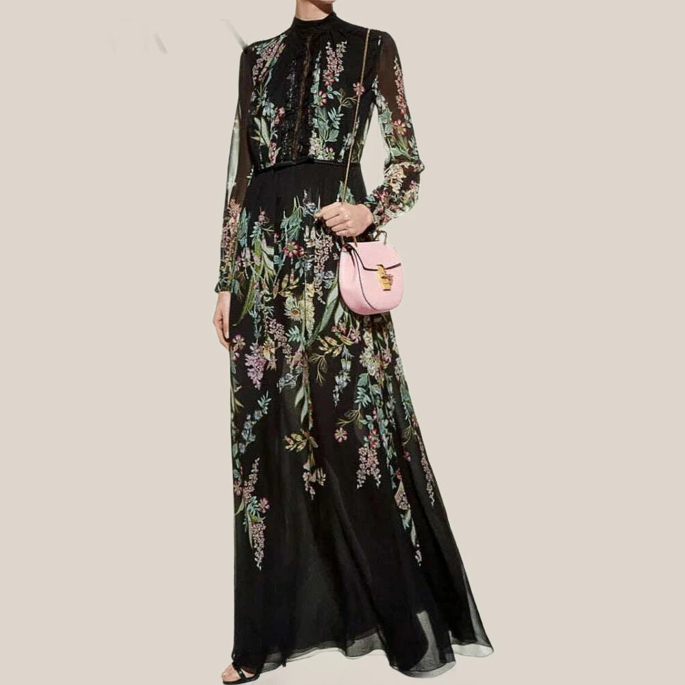 VKBN Summer formal occasion Dresses Women Black Printing Lantern Sleeve High Waist Party Maxi Dress Female Elegant Elegant Boho Maxi Dress