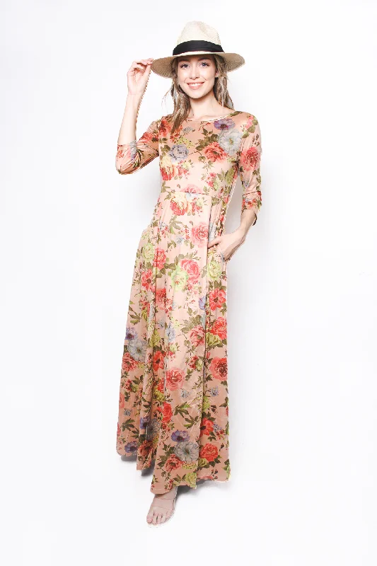 Women's 3/4 Sleeves Round Neck Floral Maxi Dress Fashionable Layered Maxi Dress