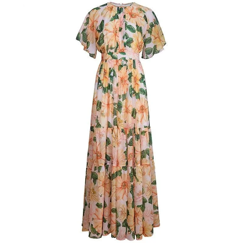 Yellow Chiffon Floral Print Elegant Boho Holiday Party Maxi Dress Cozy Cold-Shoulder Maxi Dress