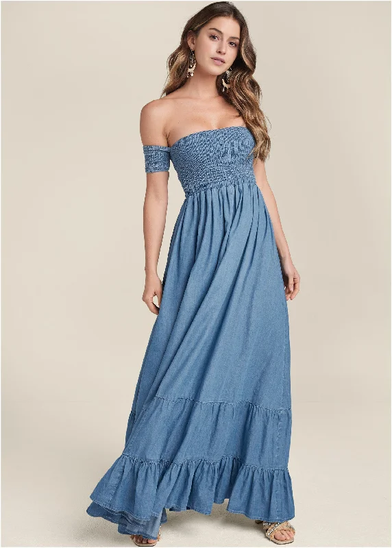 Off-The-Shoulder Maxi Dress - Medium Wash Trendy V-Neck Maxi Dress