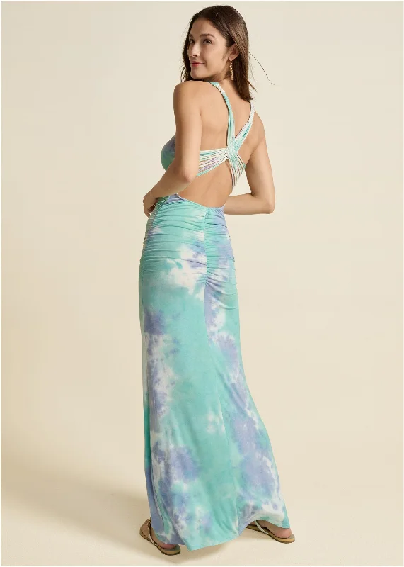 Strappy Back Maxi Dress - Blue Multi Stylish Maxi Dress with Pleats