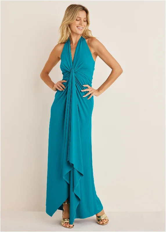 Plunging Knot Maxi Dress - Teal Comfortable Ruffle Maxi Dress