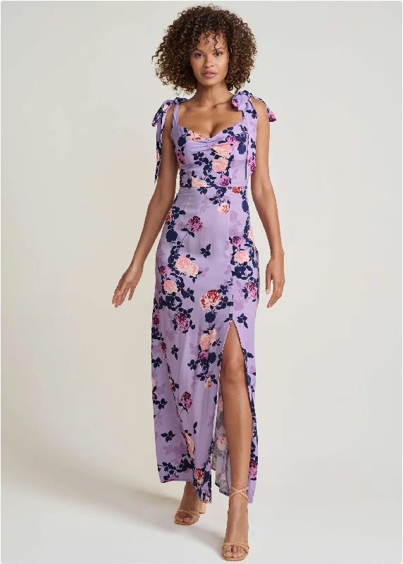 Tie Shoulder Maxi Dress - Purple Multi Classic Strapless Maxi Dress