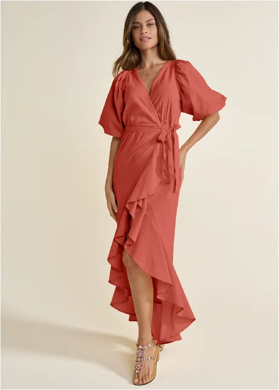 Ruffle Wrap Maxi Dress - Burnt Orange Stylish Pleated A-Line Maxi Dress