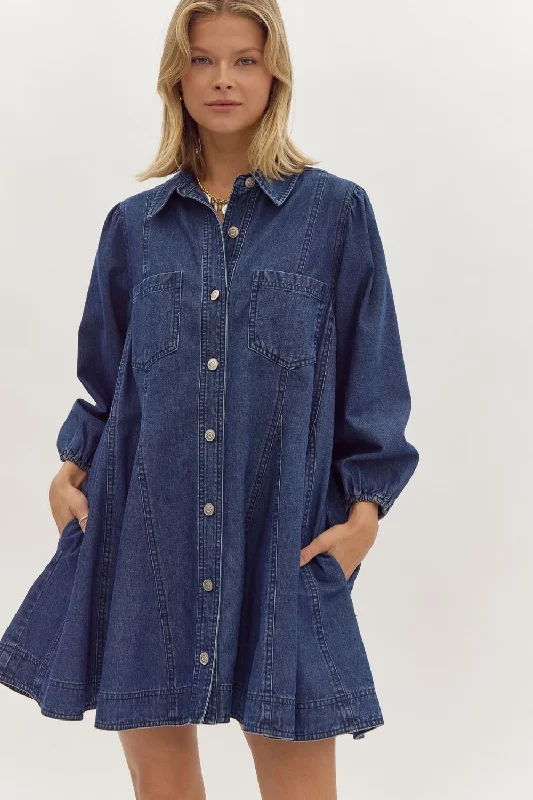 Denim Collared Button Up Long Sleeve Mini Dress Trendy Tie-Dye Mini Dress