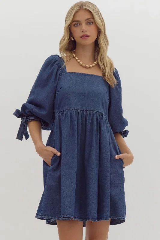 Denim Half Sleeve Square Neck Mini Dress Comfortable One-Shoulder Mini Dress