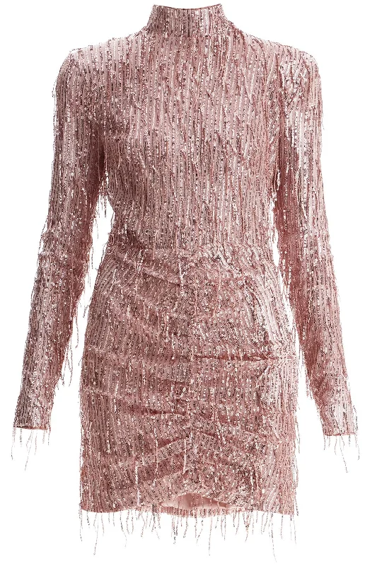 Mini Dress With Sequin Fringe Details  - Pink Comfortable Zip-Up Mini Dress