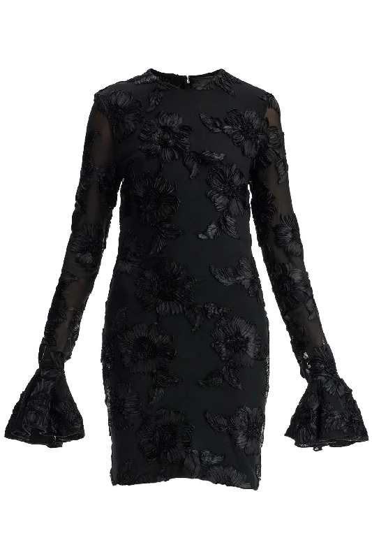 'mesh Mini Dress With Embroidered Flower Details  - Black Stylish Short-Sleeve Mini Dress