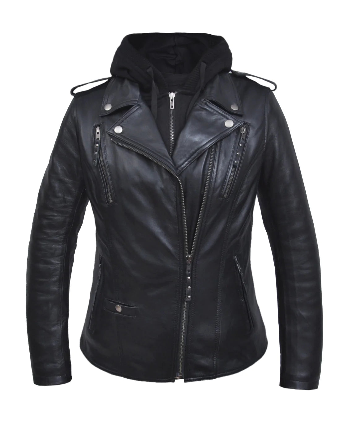 6841- Women's Hooded Black Leather Jacket Wool Jacket Cashmere Jacket Tweed Jacket