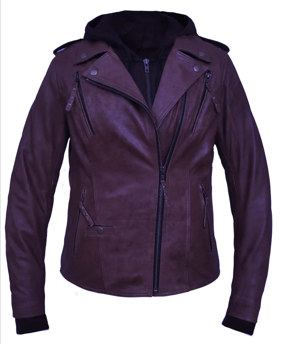 6841.117- Women's Purple Hoody Leather Jacket Faux Fur Jacket Real Fur Jacket Shearling Jacket