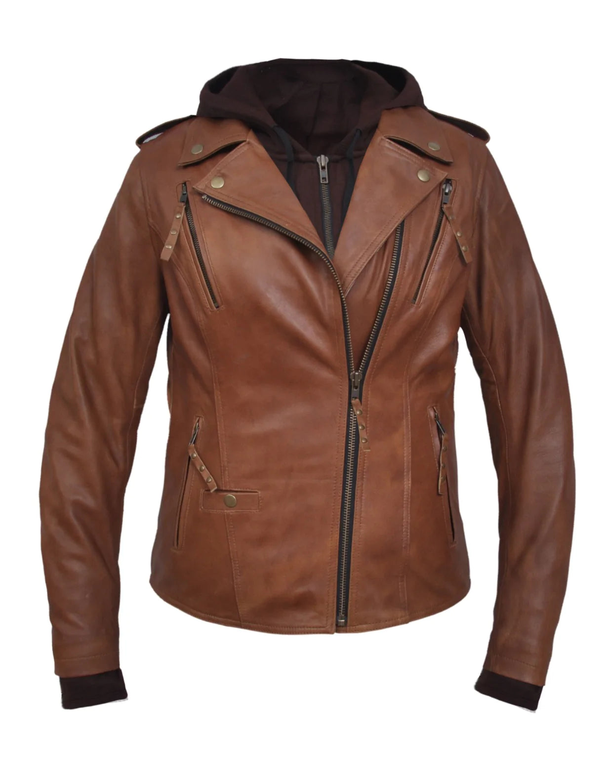 6841.ANT- Women's Brown Leather Jacket With Hood Fleece Jacket Down Jacket Feather Jacket