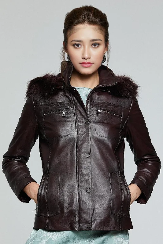 Ava Stylish Fur Hood Brown Leather Jacket For Women Wool Jacket Cashmere Jacket Tweed Jacket