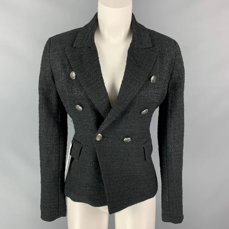 BARDOT Size XS Black Boucle Textured  Cotton Blend Peak Lapel Jacket Satin Jacket Silk Jacket Chiffon Jacket