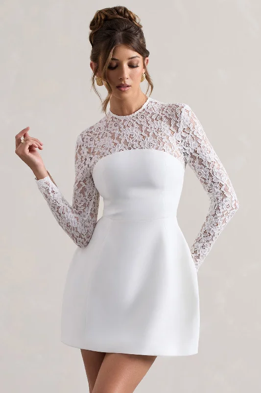 Birdie | White Lace Long-Sleeve Mini Dress Elegant Sequin Mini Dress