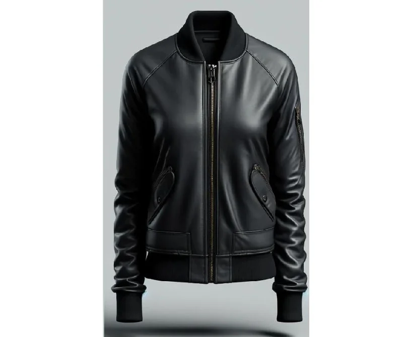 Black Bomber Leather Jacket For Women Anorak Shell Jacket Lightweight Jacket