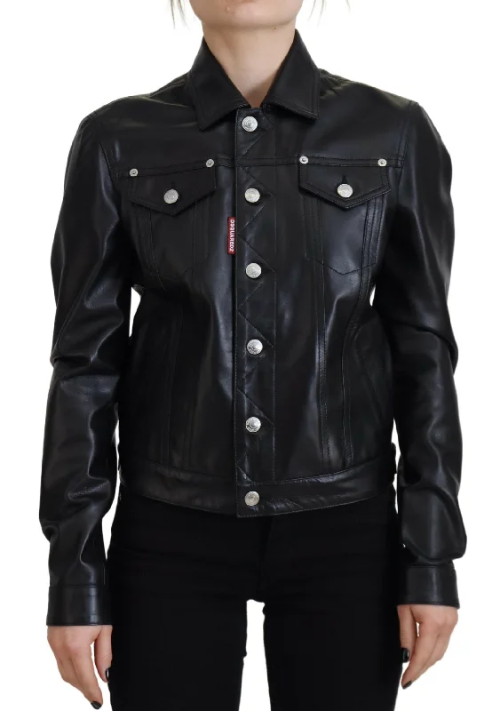 Black Leather Collared Long Sleeves Jacket Embroidered Jacket Appliqued Jacket Beaded Jacket