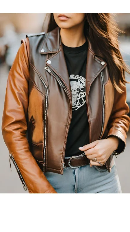 Brown & Dark Brown Biker Racer Leather Jacket For Women Fitted Jacket Loose Jacket Oversized Jacket