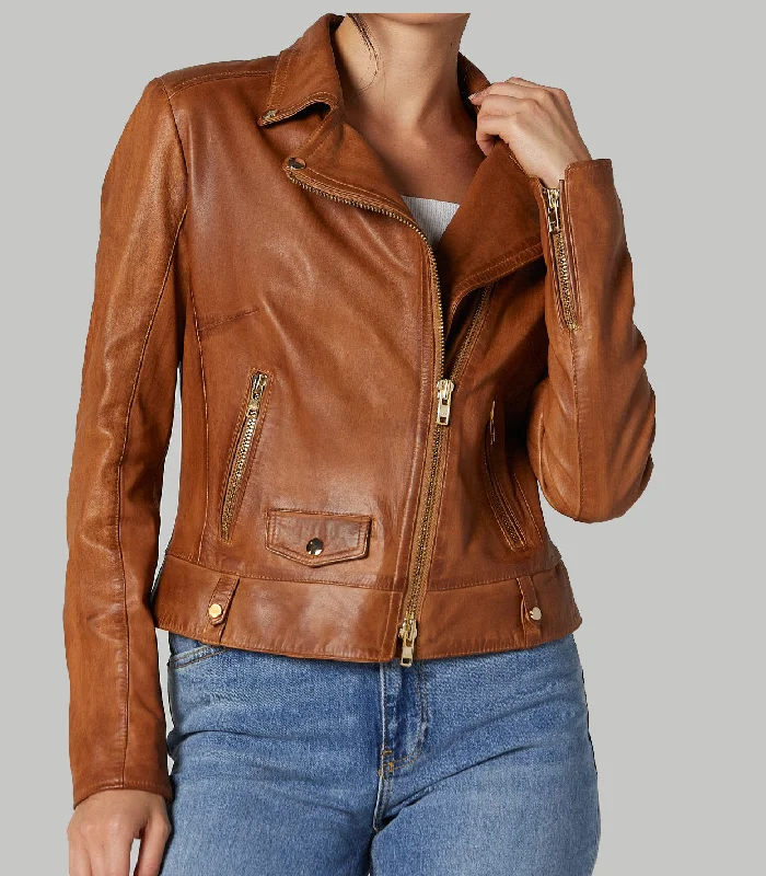 Camel Roxana Brown Biker Leather Jacket For Women A-Line Jacket Boat Neck Shawl Collar