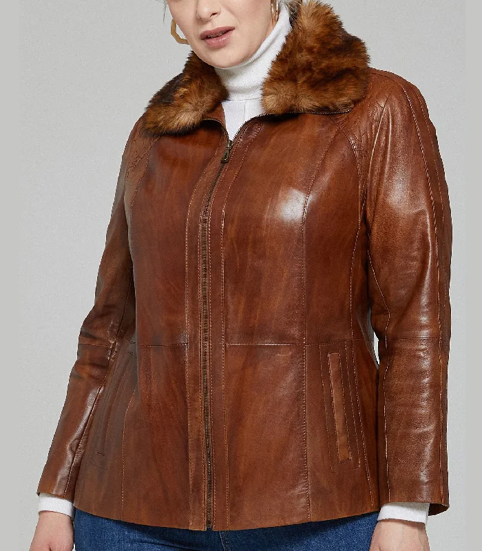 Camel Samantha Women Leather Jacket Welt Pockets Slit Pockets Flap Pockets