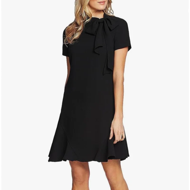 CECE Ruffled Bow Neck Mini Dress 10 Black Short Sleeve Chic Puff Sleeve Mini Dress