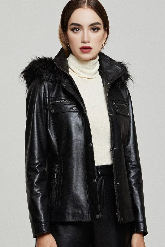 Cristina Classic Black Leather Jacket For Women's A-Line Jacket Boat Neck Shawl Collar