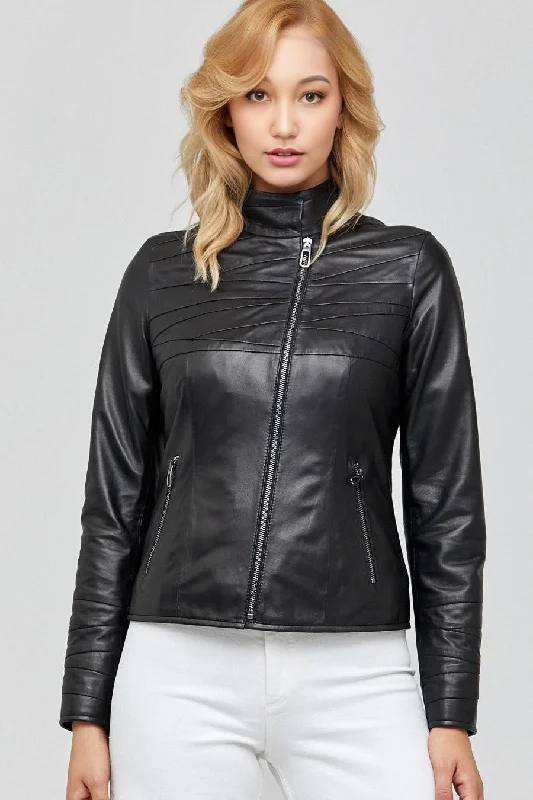 Diagonally Plated Black Leather Jacket For Women Jacket Blazer Coat