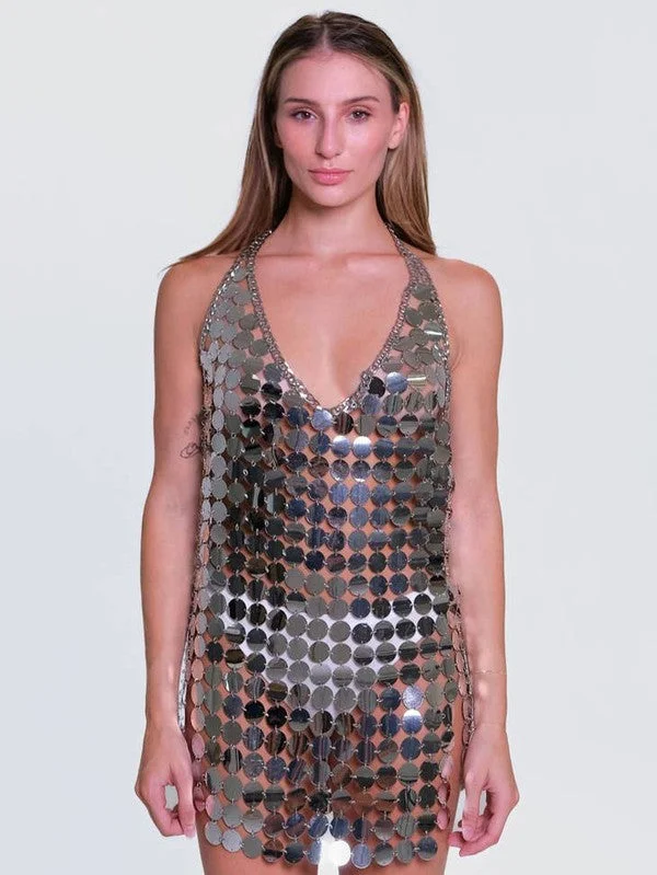 Disco Fever Silver Sequin Disc Mini Dress Cozy Jersey Mini Dress