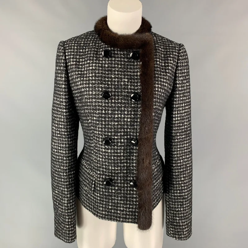 DOLCE & GABBANA Size 8 Black & White Houndstooth Virgin Wool Blend Jacket Snapped Jacket Toggled Jacket Drawstring Jacket