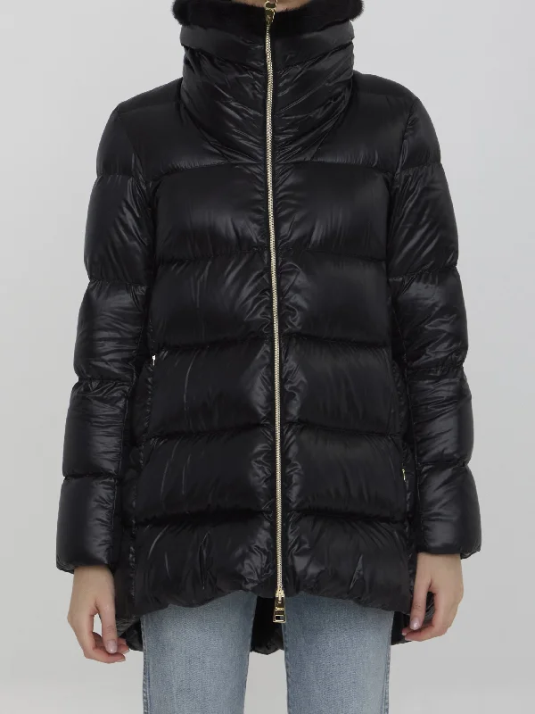 Down Jacket In Nylon And Eco-fur Zip Front Button Front Snap Front