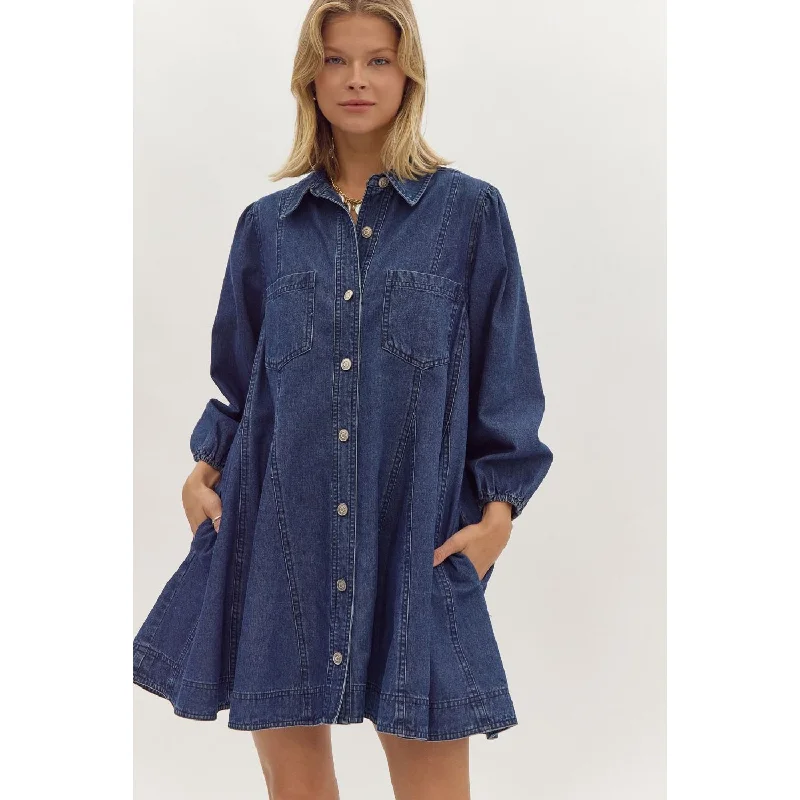 Entro - Denim Mini Dress - Dark Denim Elegant Satin Mini Dress