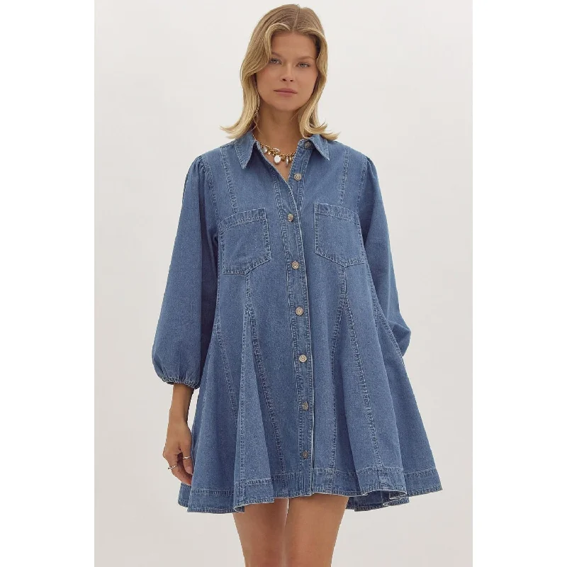 Entro - Denim Mini Dress - Denim Elegant Floral-Print Mini Dress