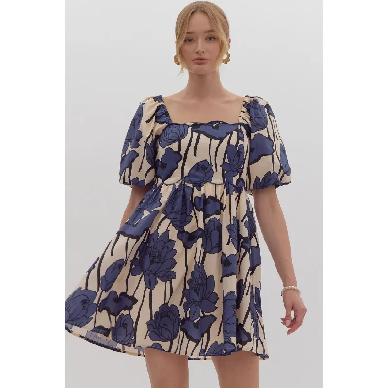 Entro - Floral Print Square Neck Mini Dress - Navy Fashionable Mini Dress with Frills