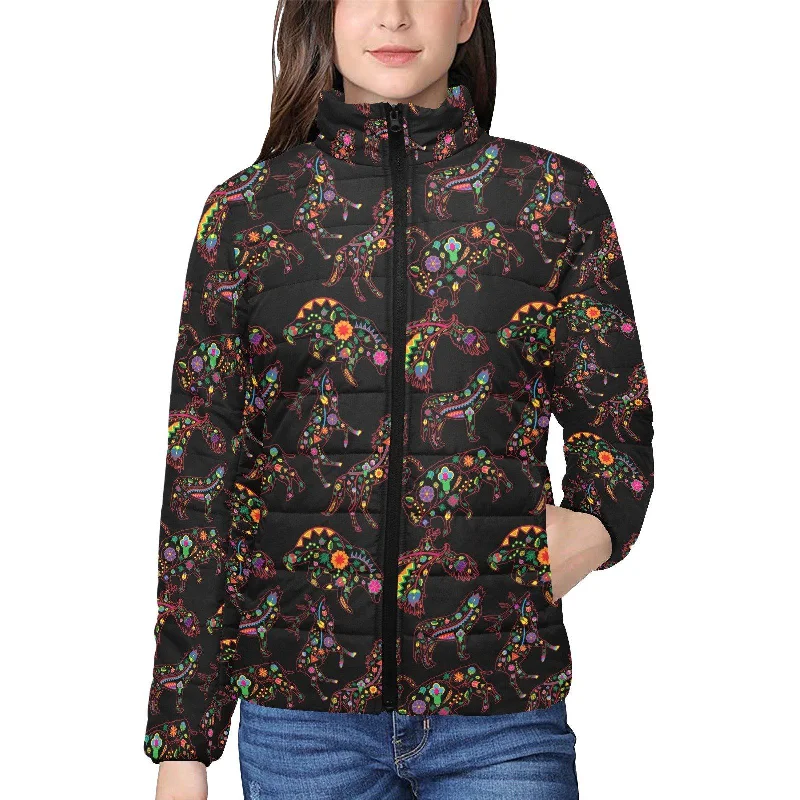 Neon Floral Animals Women's Stand Collar Padded Jacket Jersey Jacket Tulle Jacket Batik Jacket