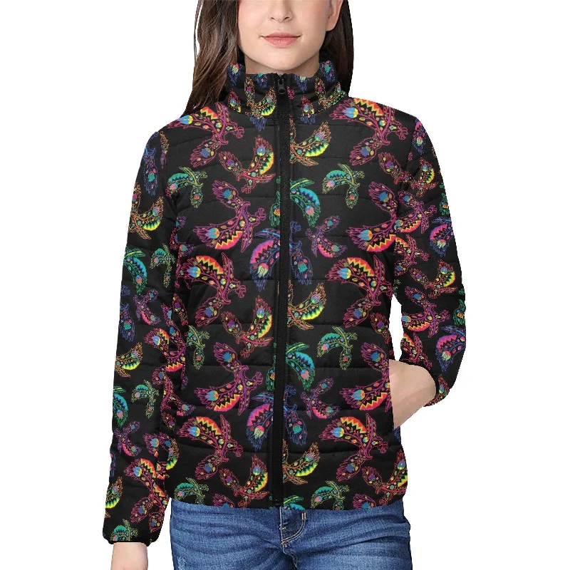 Neon Floral Eagles Women's Stand Collar Padded Jacket Fleece Jacket Down Jacket Parka