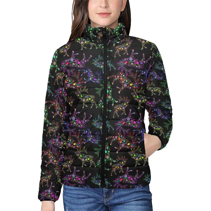 Floral Elk Women's Stand Collar Padded Jacket Boat Neck Shawl Collar Notched Collar