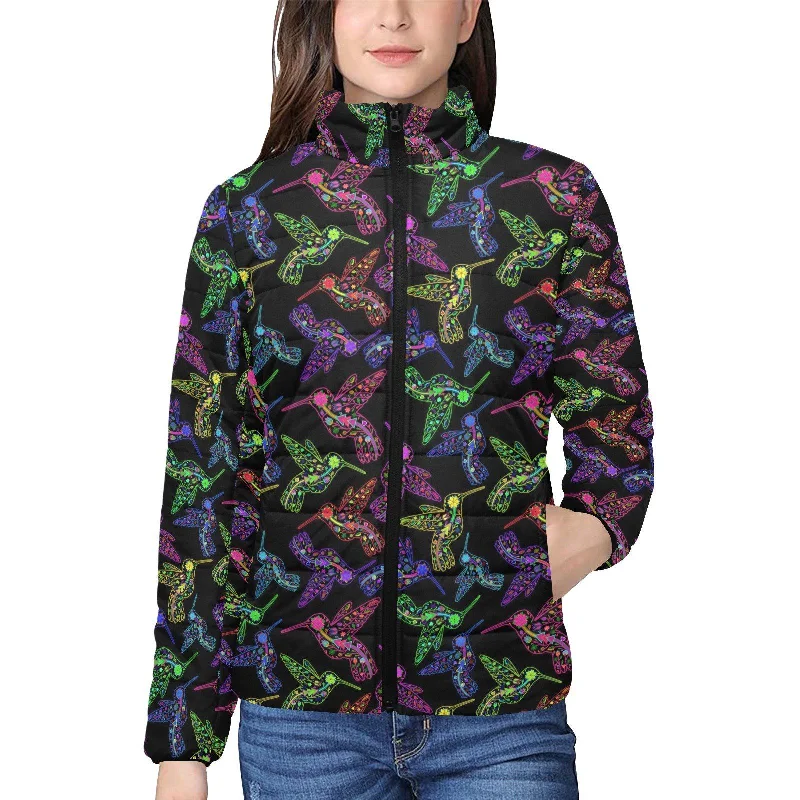 Neon Floral Hummingbirds Women's Stand Collar Padded Jacket Jacket Blazer Coat