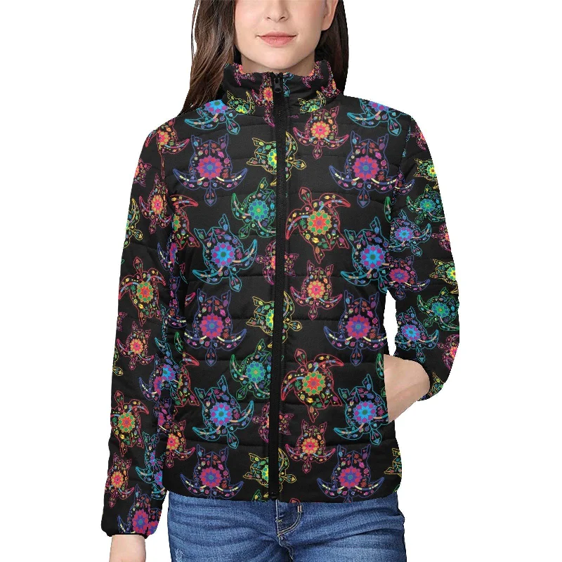 Neon Floral Turtles Women's Stand Collar Padded Jacket Fleece Fabric Down Fabric Feather Fabric