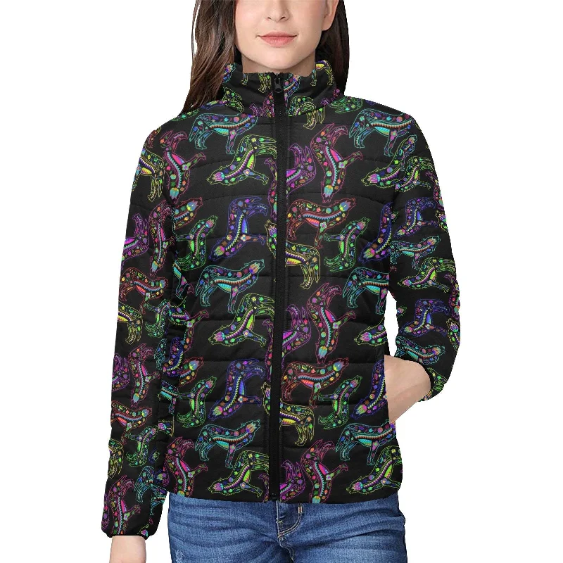 Neon Floral Wolves Women's Stand Collar Padded Jacket Striped Jacket Polka Dot Jacket Floral Jacket