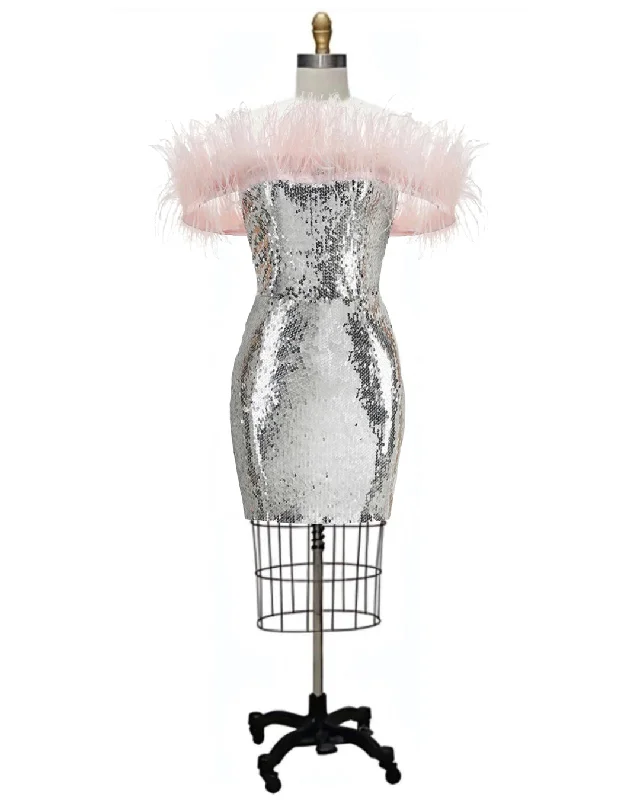 Fossie- the Pink Marabou Feather Adorned Silver Sequined Mini Dress Fashionable Off-Shoulder Mini Dress