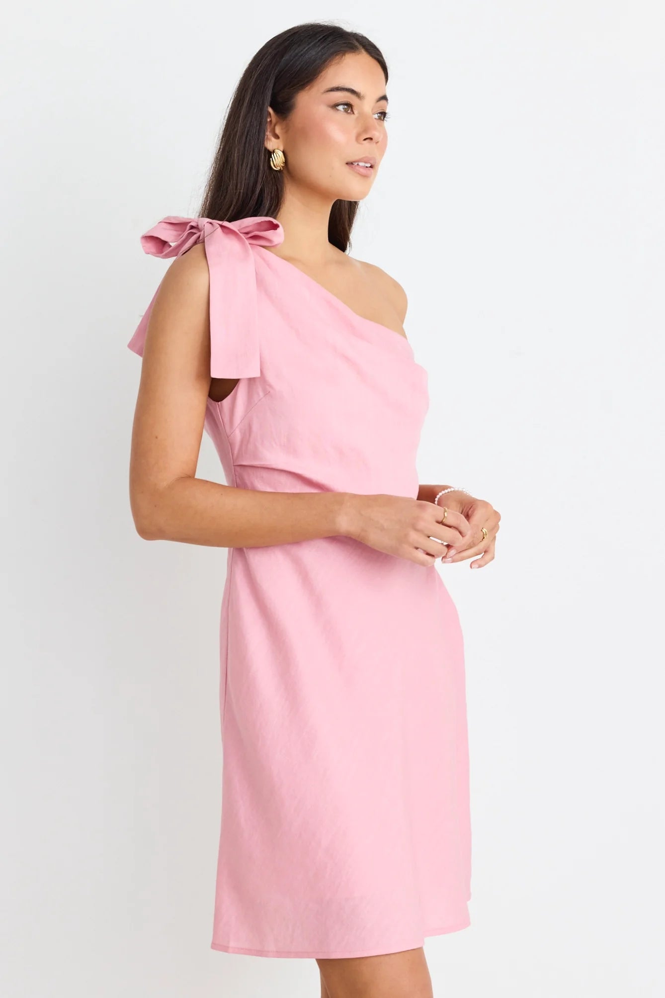 Georgia Mae - Ecstatic Linen Blend One Shoulder Bow Mini Dress - Blush Stylish Summer Mini Dress