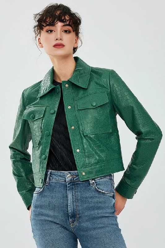 Green Tina Leather Jacket For Women's Toggled Jacket Drawstring Jacket Belted Jacket