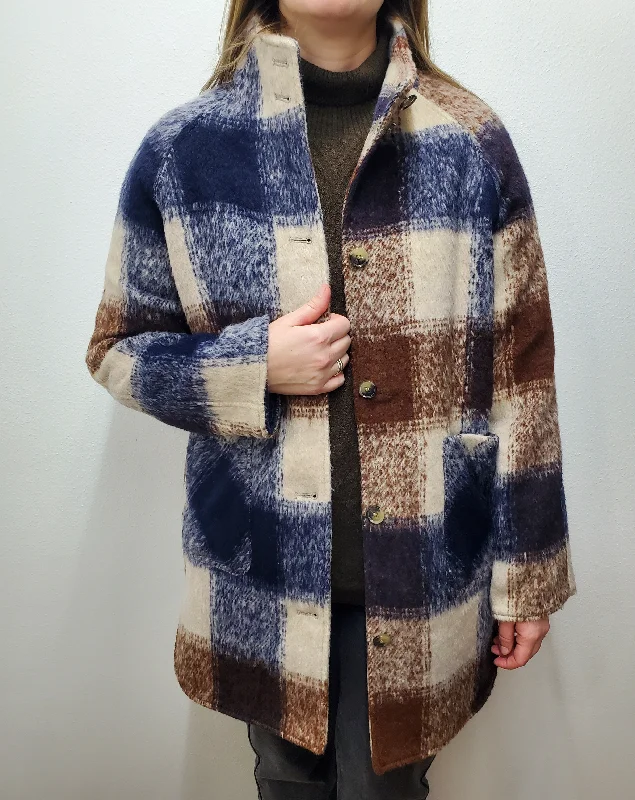 GWINNER REVERSIBLE PLAID JACKET - BROWN/NAVY MULTI Notch Collar Jacket Peter Pan Collar Jacket Cowl Neck Jacket