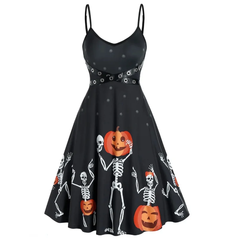 Halloween A Line Mini Dress Gothic Skeleton Pumpkin Pattern Grommet Fashionable Summer Mini Dress