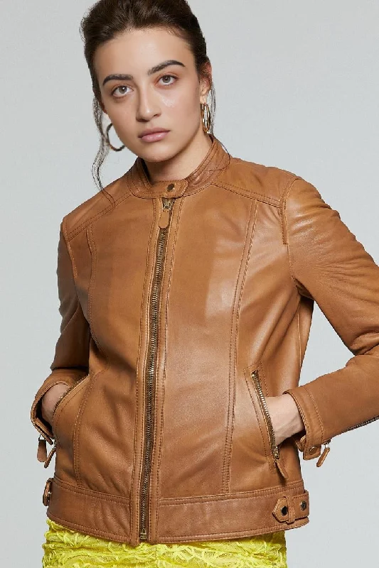 Hannah Brown Smooth Leather Jacket For Women Toggled Jacket Drawstring Jacket Belted Jacket